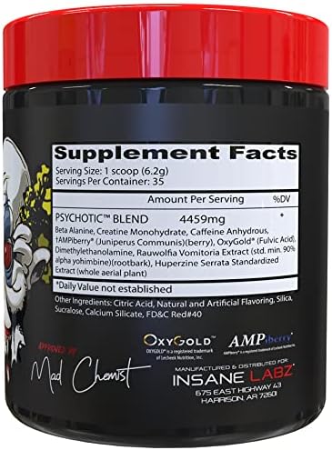 Insane Labz Psychotic, High Stimulant Pre Workout Powder, Extreme Lasting Energy, Focus and Endurance with Beta Alanine, Creatine Monohydrate DMAE, 35 Srvgs (Fruit Punch)