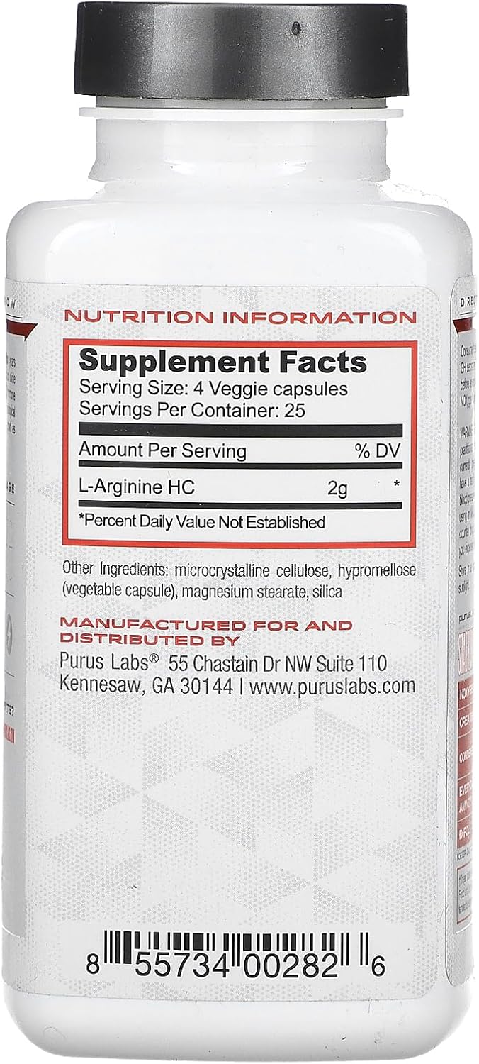 Purus Labs L-Arginine Active Amino Acid | Endurance, Pumps, & Muscle Growth | Nitric Oxide for Increased Blood Flow | 25 Servings, 100 Veggie Capsules
