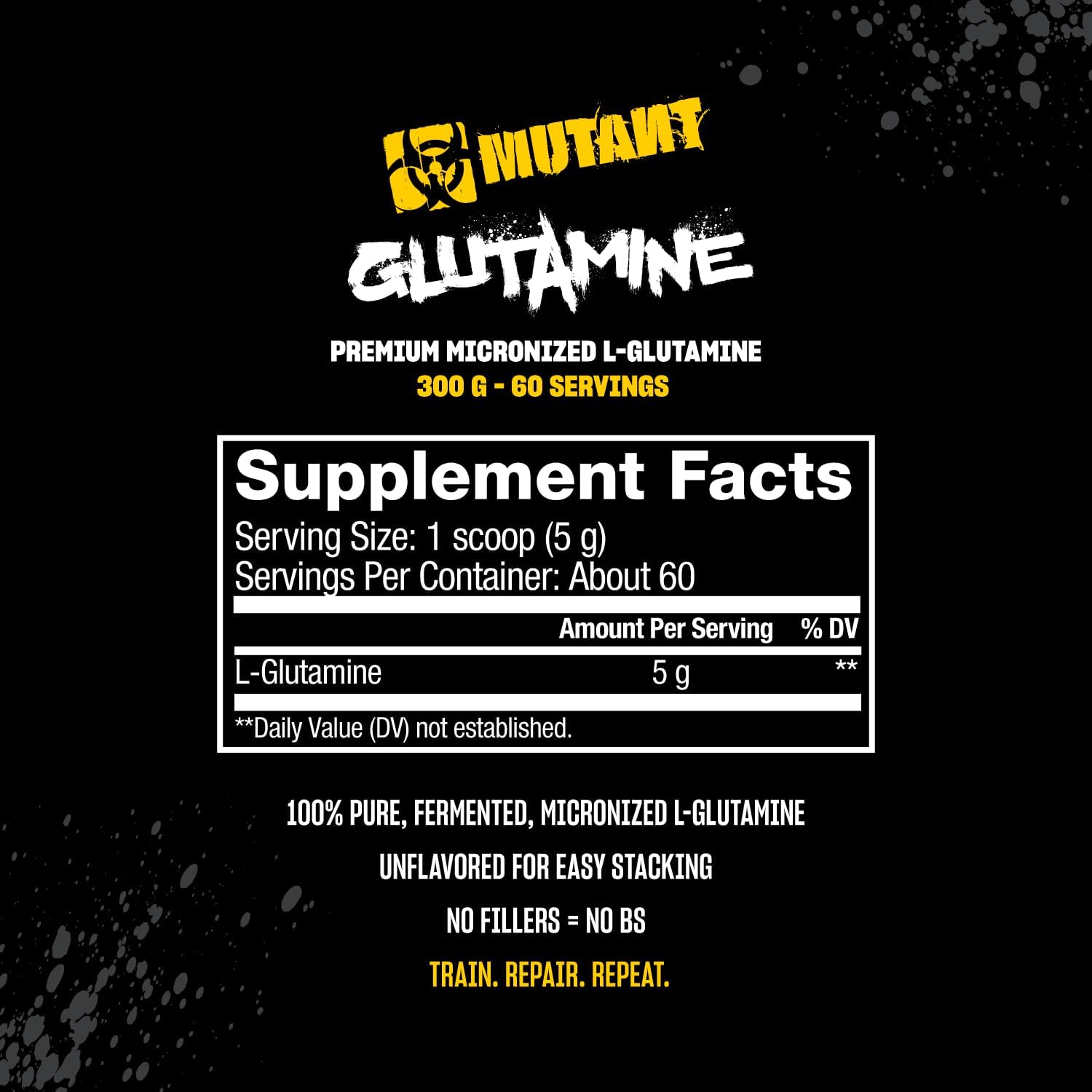 Mutant Glutamine - 100% Pure Workout Supplement to Help Replenish Glutamine Levels for Improved Muscle Repair, Immune and Digestive System Support After Physical Activity – 300 g – Unflavored