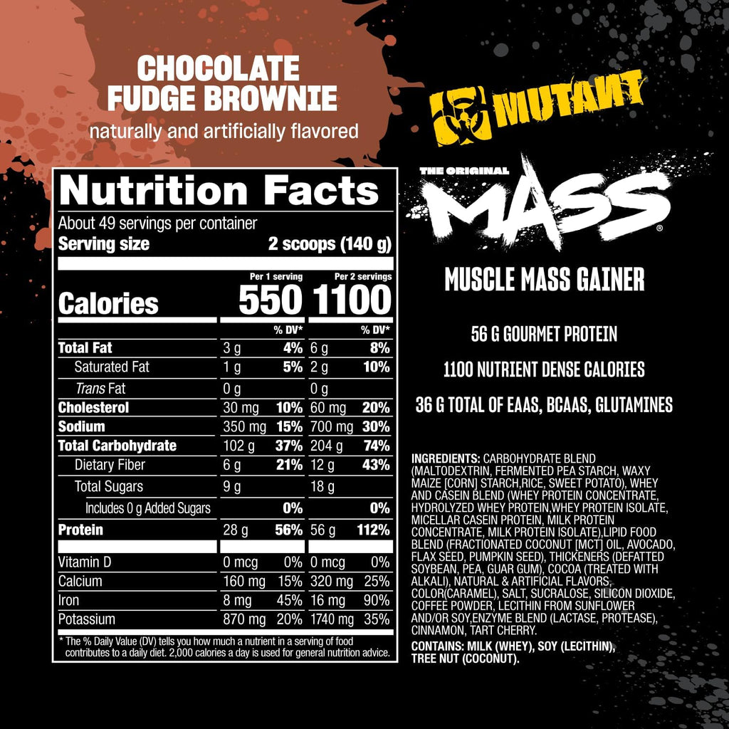 Mutant Mass Weight Gainer Protein Powder - High Calorie Protein for Lean Mass, Muscle Build, & Bulking - 5 Pound - Chocolate Fudge Brownie