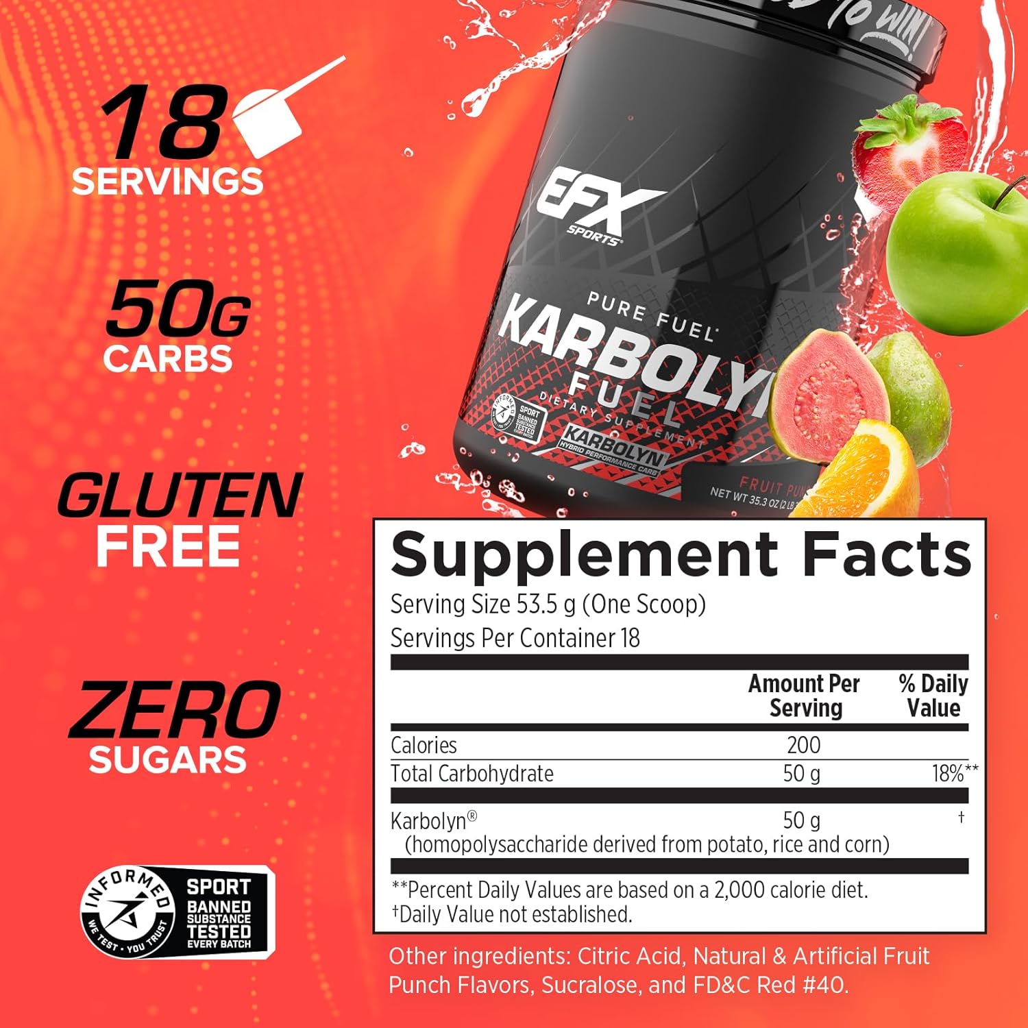 EFX Sports Karbolyn Fuel | Fast-Absorbing Carbohydrate Powder | Carb Load, Sustained Energy, Quick Recovery | Stimulant Free | 18 Servings (Lemon Ice)
