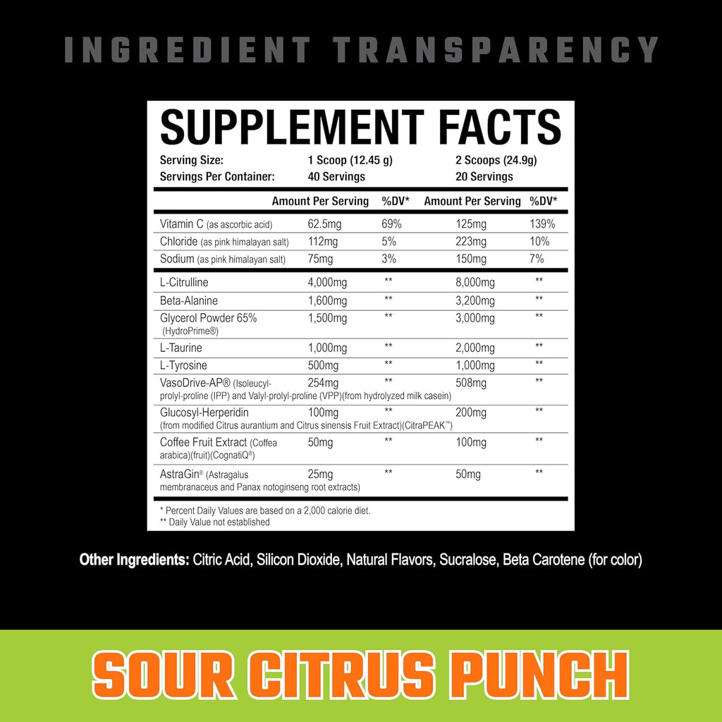 Axe & Sledge Supplements Hydraulic Stimulant-Free Pump Pre-Workout Powder, 40 Servings, (Pack of 1) (Sour Citrus Punch)