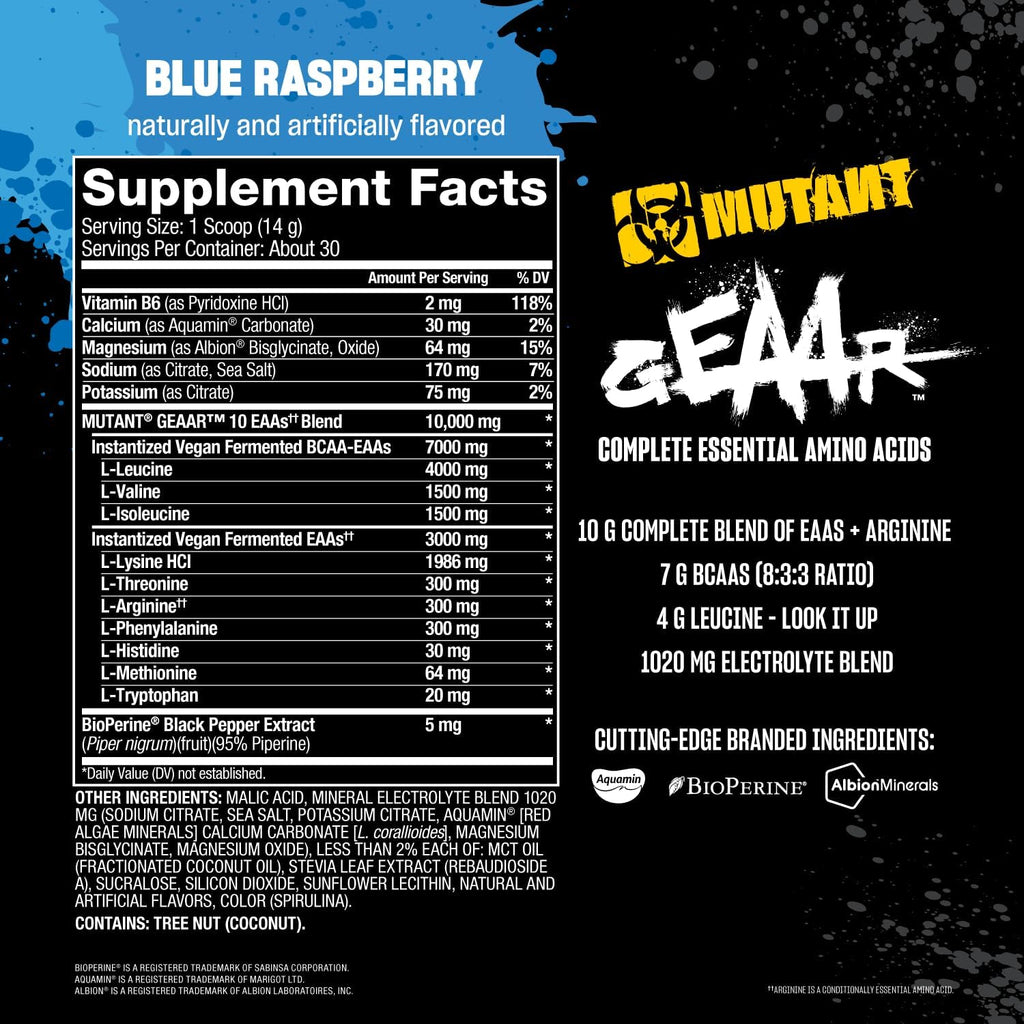 Mutant GEAAR - 9.4g of EAA Powder + Arginine, 7g BCAAs, 4g Leucine, Electrolytes, Coconut Water, 30 Servings - Blue Raspberry