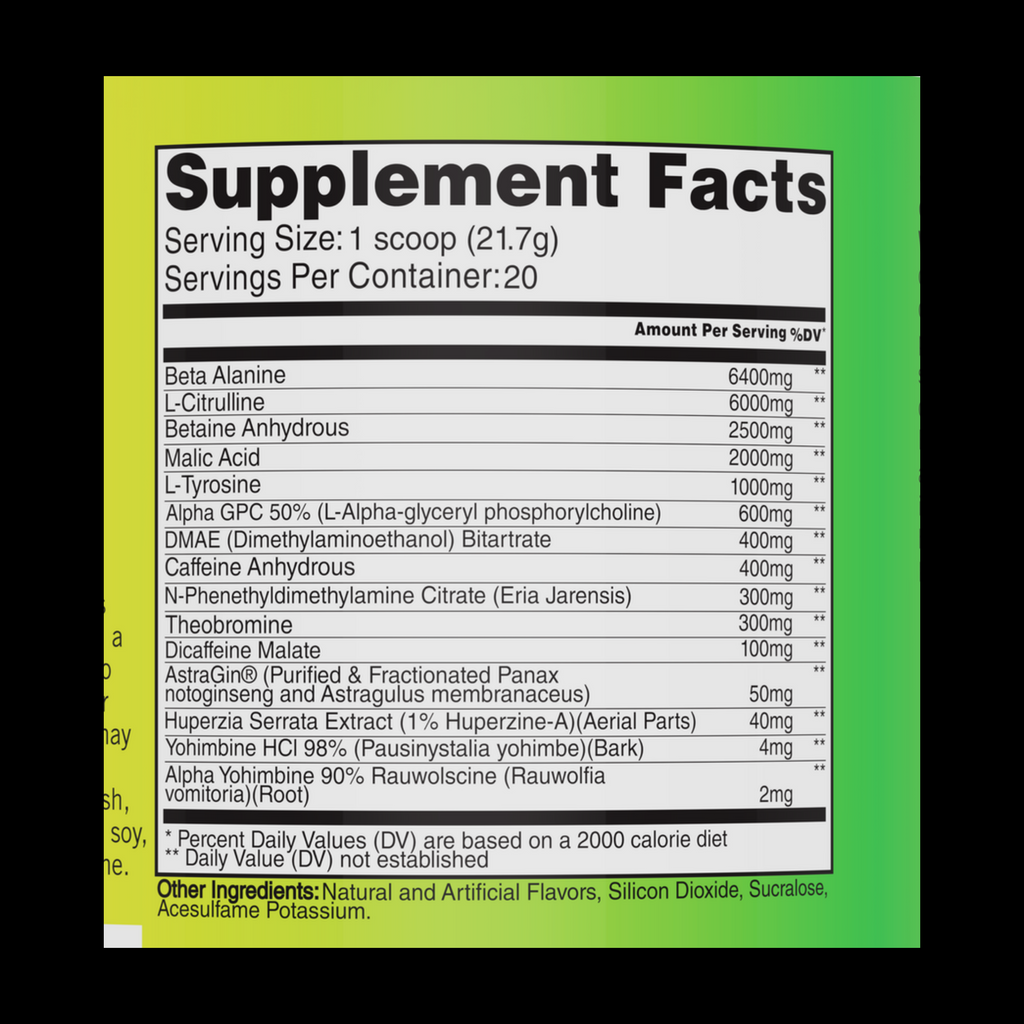 Phasic - Extreme High Stimulant Preworkout DMAE, Eria Jarensis, 475mg Caffeine, 6mg Yohimbine.